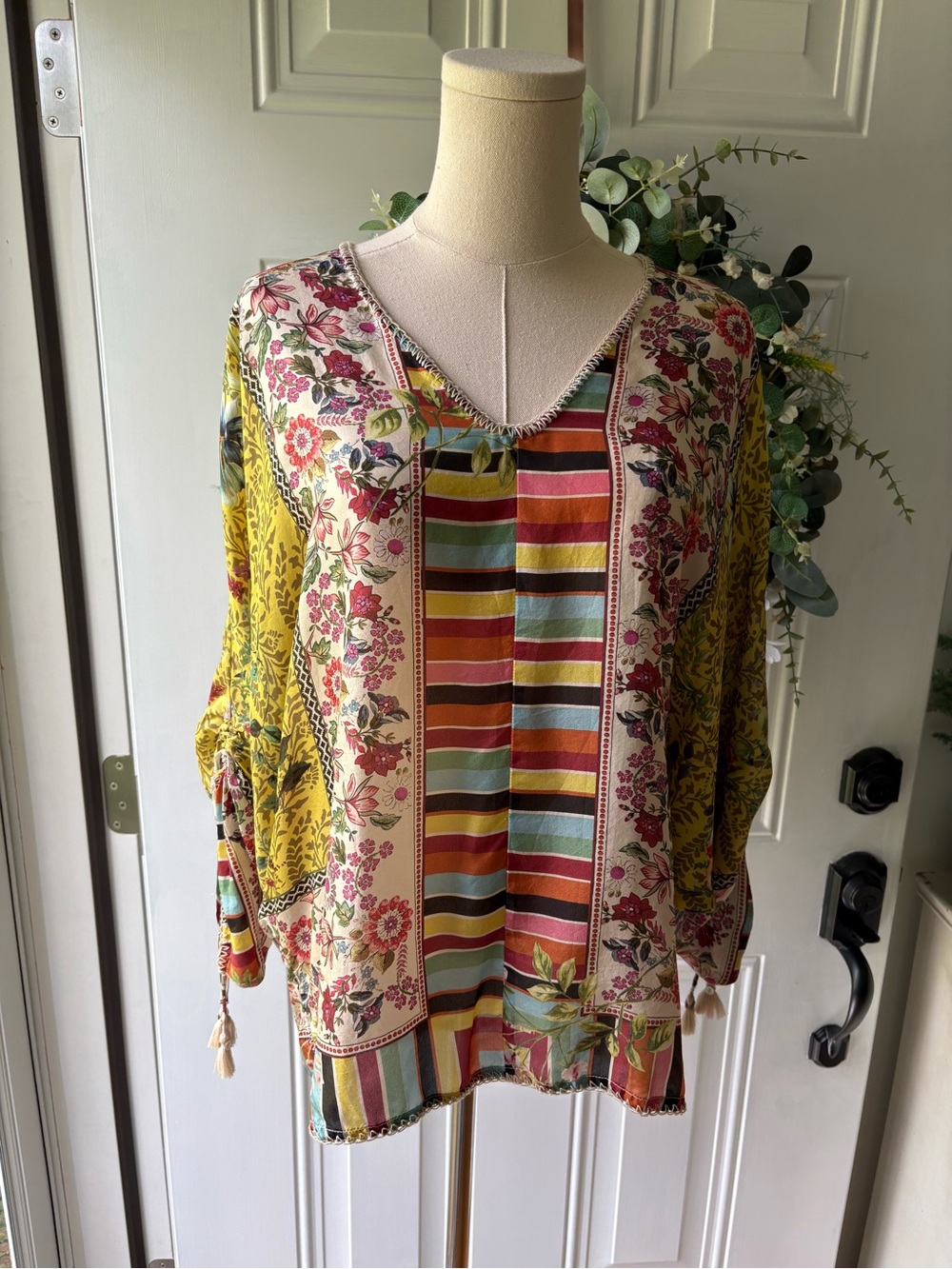 Johnny Was Striped & Floral V-Neck Tunic in Mustard, Red, Green and Cream